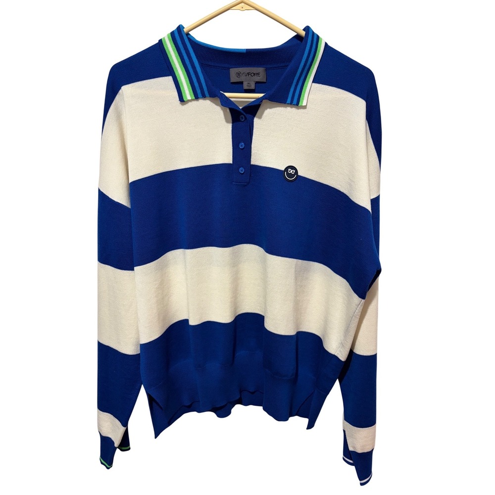 G/FORE‎ Womens XL Striped Wool Polo Sweater Blue White Long Sleeve Golf Top
